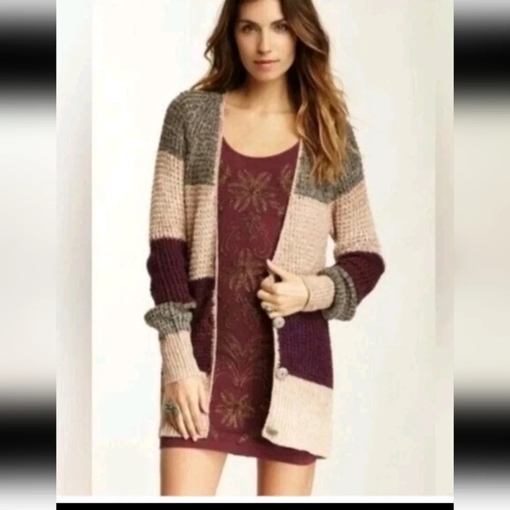 Free People Womens Color Blocked Lake Tahoe Knit Long Sleeve Cardigan M